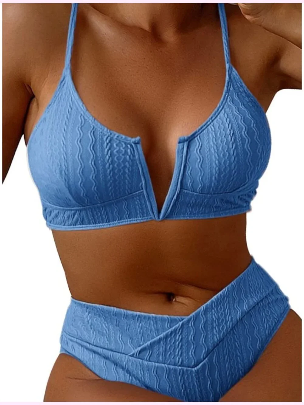 V Cut High Waisted Bikini Ribbed V-Wired Cami Two Pieces Swimsuit